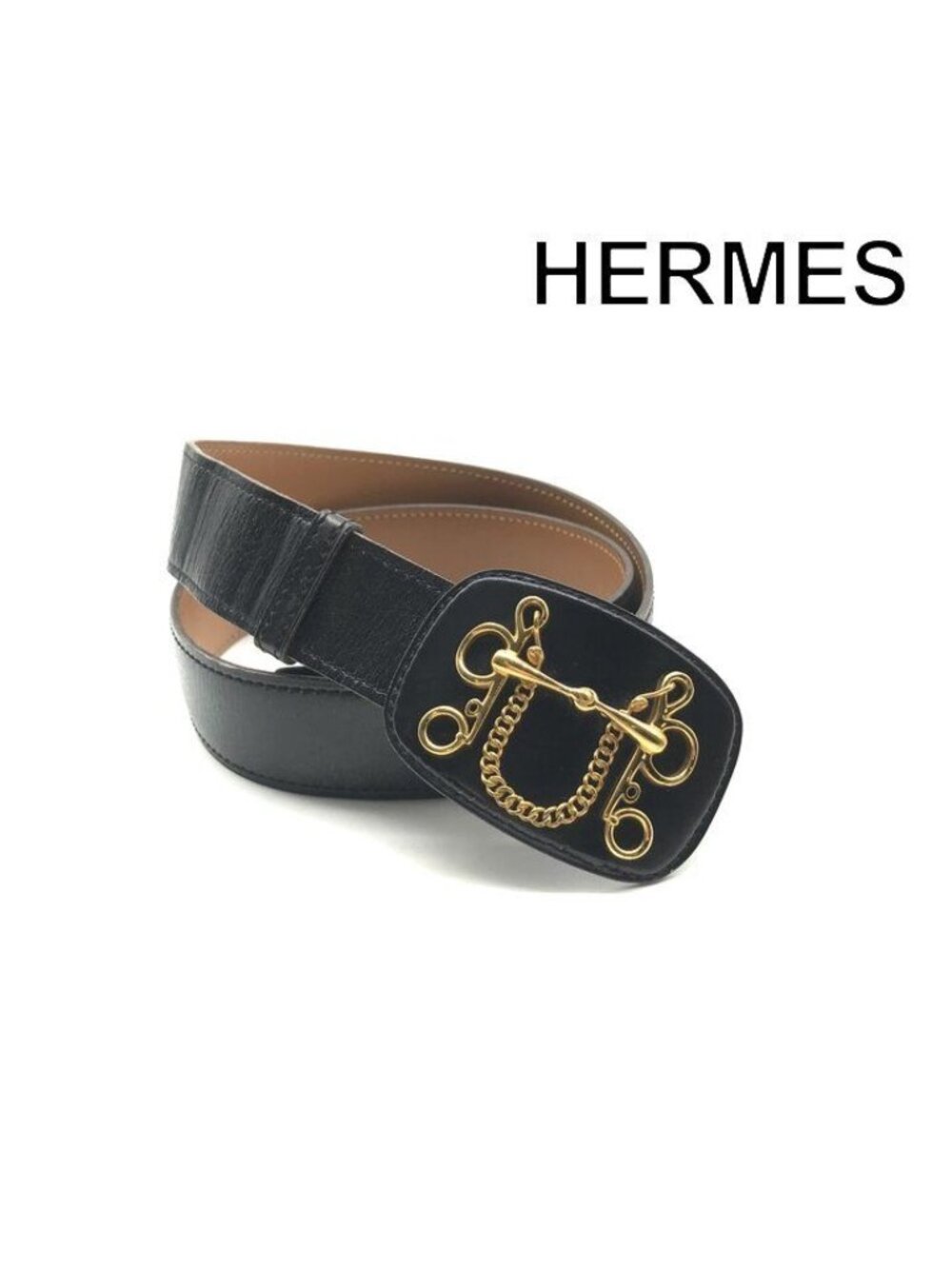 Hermes Horsebit Buckle Logo Leather Belt Suit Black